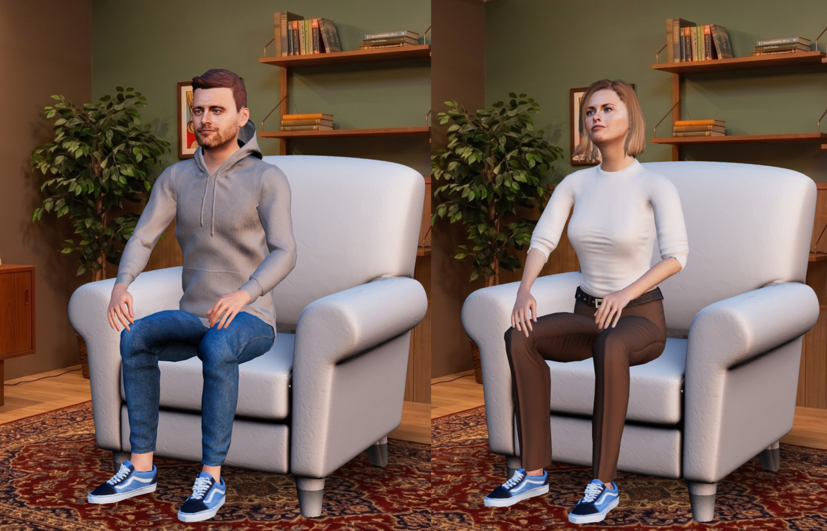 Avatars Daan and Eva seated in armchairs in era-styled living rooms