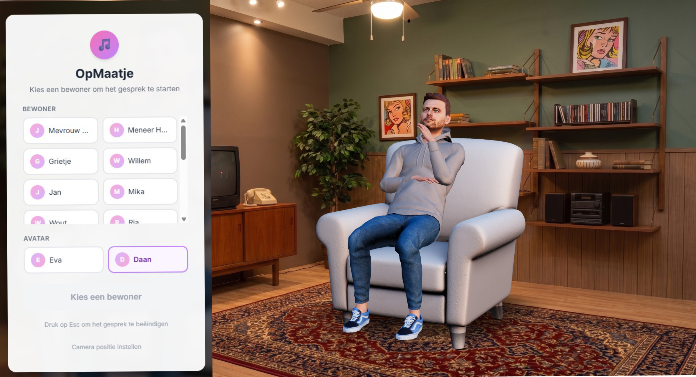 The OpMaatje interface: a resident picker beside avatar Daan seated in a warm living room