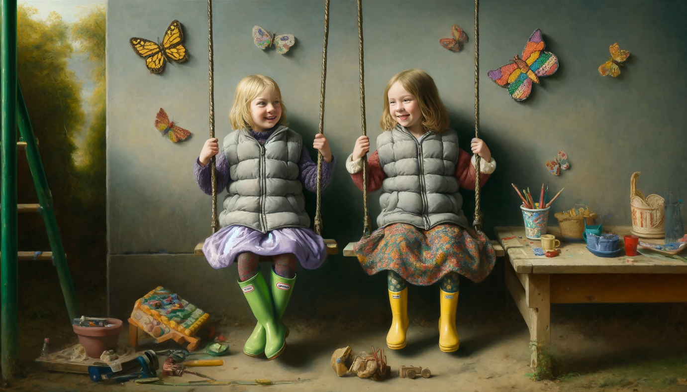 Painterly AI-generated artwork of two children on swings with butterflies
